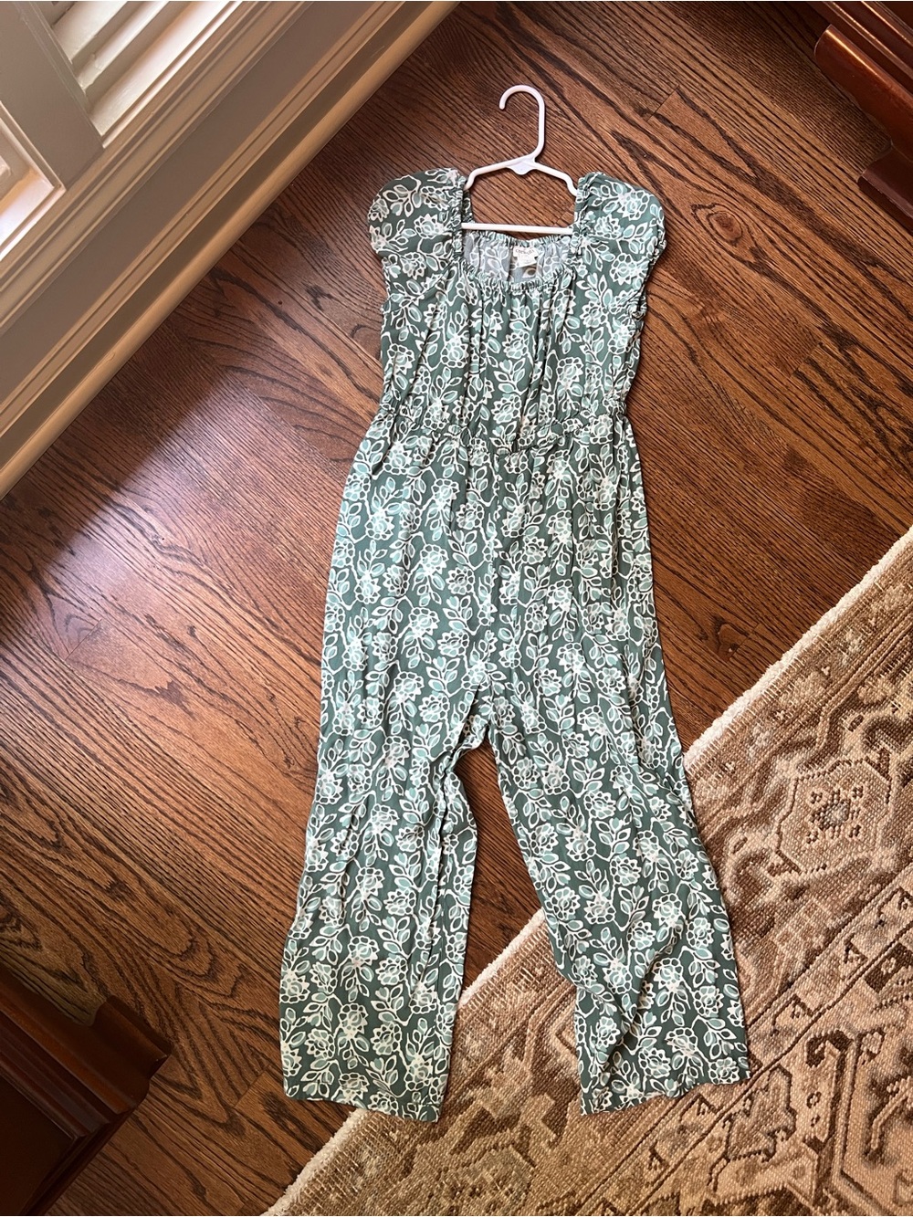 J. Crew Crewcuts Floral Print Smocked Jumpsuit in Sage Green | Size 7